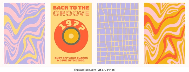 Groovy Wave poster set with music and abstract swirl. Retro wave design. Background psychedelic Ripple set. Groovy vector illustration