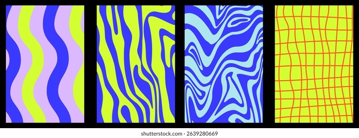 Groovy Wave poster set with square and abstract swirl. Retro wave design. Background psychedelic Ripple set. Groovy vector illustration