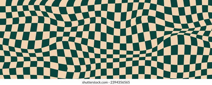 Groovy wave psychedelic checkerboard background. Hippie, retro chessboard template