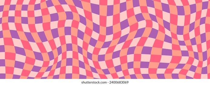 Groovy wave psychedelic checkerboard background. Hippie, retro chessboard template	