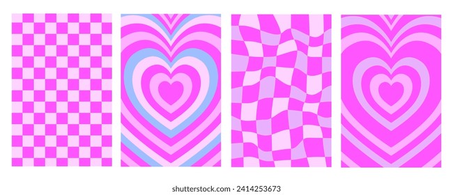 Groovy wave psychedelic checkerboard background, heart tunnel, funky hippie texture for banner, card design background