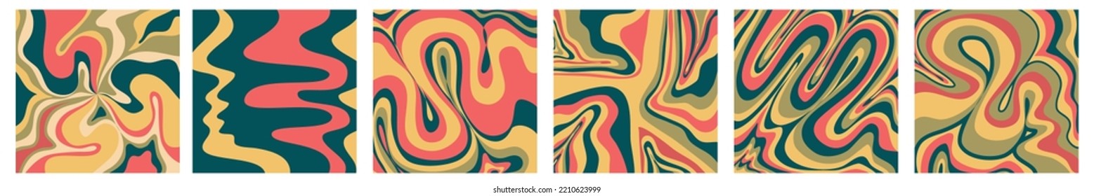 Groovy wave retro background with swirl set collection. Retro color hippy. Simple twirl trendy design. Wavy marble groovy pattern