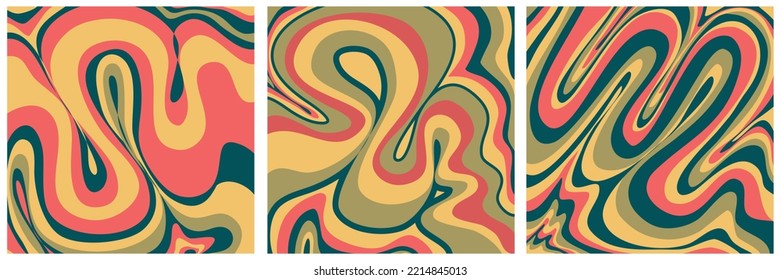 Groovy wave retro background with swirl set collection. Retro color hippy. Simple twirl trendy design. Wavy marble groovy pattern