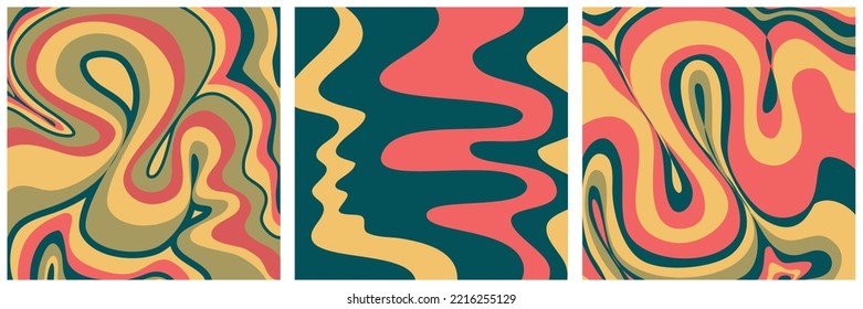 Groovy wave retro background with swirl set collection. Retro color hippy. Simple twirl trendy design. Wavy marble groovy pattern
