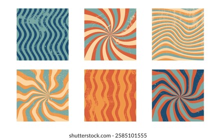 Groovy wave stripe backgrounds set. Hand drawn, texture. Doodle waves, Distorted uneven stripes, warped streaks. Fluid liquid wavy lines. Retro colors. Striped vector templates collection.