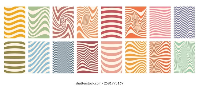 Groovy wave stripe big set. Hand drawn groovy, hippie backgrounds. Distorted uneven stripes, warped streaks, fluid liquid wavy lines, doodle waves. Striped rectangle templates collection.