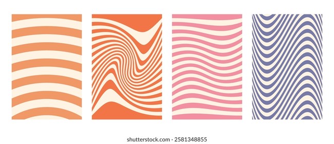 Groovy wave stripe set. Hand drawn groovy, hippie backgrounds. Distorted uneven stripes, warped streaks, fluid liquid wavy lines, doodle waves. Striped rectangle templates collection.