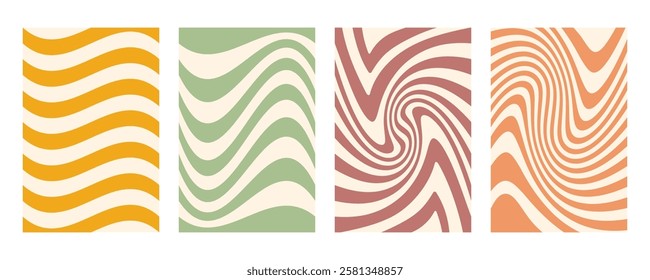 Groovy wave stripe set. Hand drawn groovy, hippie backgrounds. Distorted uneven stripes, warped streaks, fluid liquid wavy lines, doodle waves. Striped rectangle templates collection.