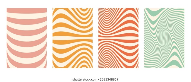 Groovy wave stripe set. Hand drawn groovy, hippie backgrounds. Distorted uneven stripes, warped streaks, fluid liquid wavy lines, doodle waves. Striped rectangle templates collection.