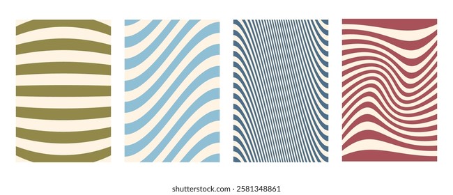 Groovy wave stripe set. Hand drawn groovy, hippie backgrounds. Distorted uneven stripes, warped streaks, fluid liquid wavy lines, doodle waves. Striped rectangle templates collection.