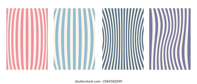 Groovy wave stripe set. Hand drawn groovy, hippie backgrounds. Distorted vertical stripes, warped streaks, fluid liquid wavy lines, doodle waves. Striped rectangle templates collection.