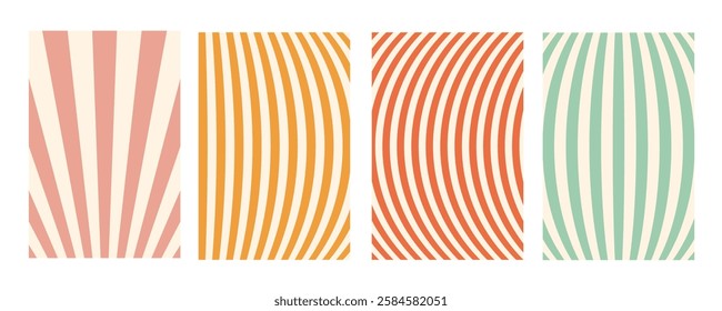 Groovy wave stripe set. Hand drawn groovy, hippie backgrounds. Distorted vertical stripes, warped streaks, fluid liquid wavy lines, doodle waves. Striped rectangle templates collection.