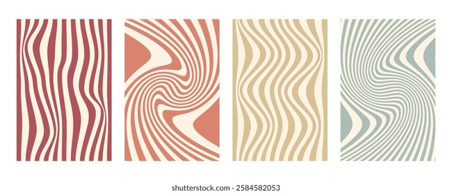 Groovy wave stripe set. Hand drawn groovy, hippie backgrounds. Distorted vertical stripes, warped streaks, fluid liquid wavy lines, doodle waves. Striped rectangle templates collection.