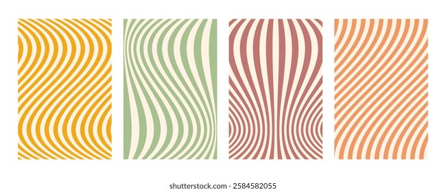 Groovy wave stripe set. Hand drawn groovy, hippie backgrounds. Distorted vertical stripes, warped streaks, fluid liquid wavy lines, doodle waves. Striped rectangle templates collection.