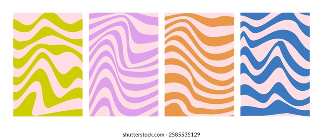 Groovy wave stripe set. Hand drawn groovy, hippie backgrounds. Distorted vertical stripes, warped streaks, fluid liquid wavy lines, doodle waves. Striped rectangle templates collection.