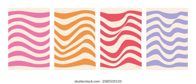 Groovy wave stripe set. Hand drawn groovy, hippie backgrounds. Distorted vertical stripes, warped streaks, fluid liquid wavy lines, doodle waves. Striped rectangle templates collection.