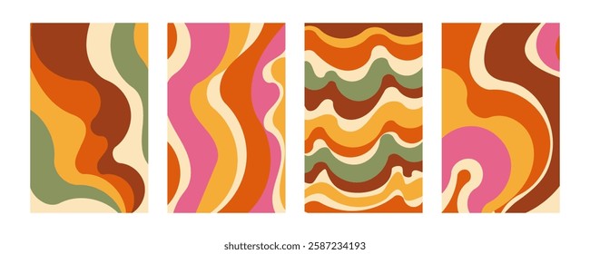 Groovy wave stripe set. Hand drawn groovy, hippie backgrounds. Distorted vertical stripes, warped streaks, fluid liquid wavy lines, doodle waves. Striped rectangle templates collection.