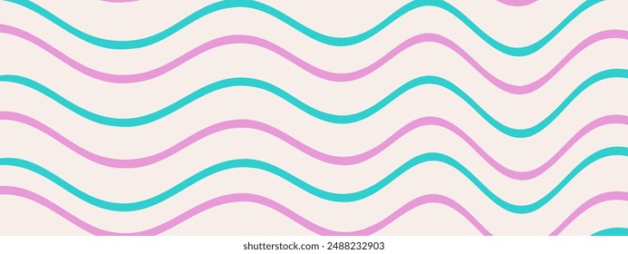 Groovy Waves Background. Psychedelic Abstract Wavy Curves Vector Pattern in 1970s Hippie Retro Style for Print on Textile, Wrapping Paper, Web Design, and Social Media. Lilac and green colors