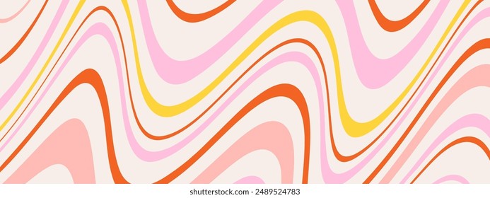 Groovy Waves Background. Psychedelic Abstract Wavy Curves Vector Pattern in 1970s Hippie Retro Style for Print on Textile, Wrapping Paper, Web Design, and Social Media. Yellow, red, and pink colors