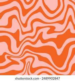 Groovy Waves Background. Psychedelic Abstract Wavy Curves Vector Pattern in 1970s Hippie Retro Style for Print on Textile, Wrapping Paper, Web Design and Social Media. Red color