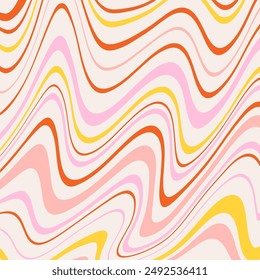 Groovy Waves Background. Psychedelic Abstract Wavy Curves Vector Pattern in 1970s Hippie Retro Style for Print on Textile, Wrapping Paper, Web Design and Social Media. Yellow color