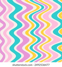 Groovy Waves Background. Psychedelic Abstract Wavy Curves Vector Pattern in 1970s Hippie Retro Style for Print on Textile, Wrapping Paper, Web Design and Social Media. Lilac color