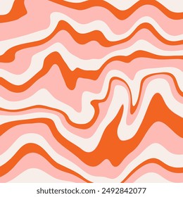 Groovy Waves Background. Psychedelic Abstract Wavy Curves Vector Pattern in 1970s Hippie Retro Style for Print on Textile, Wrapping Paper, Web Design and Social Media. Red and orange colors