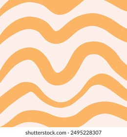 Groovy Waves Background. Psychedelic Abstract Wavy Curves Vector Pattern in 1970s Hippie Retro Style for Print on Textile, Wrapping Paper, Web Design and Social Media. Yellow color