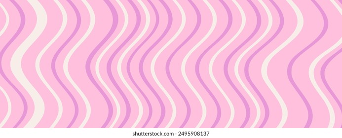 Groovy Waves Background. Psychedelic Abstract Wavy Curves Vector Pattern in 1970s Hippie Retro Style for Print on Textile, Wrapping Paper, Web Design and Social Media. Lilac color