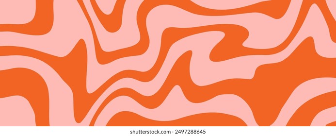 Groovy Waves Background. Psychedelic Abstract Wavy Curves Vector Pattern in 1970s Hippie Retro Style for Print on Textile, Wrapping Paper, Web Design, and Social Media. Red and Orange Colors