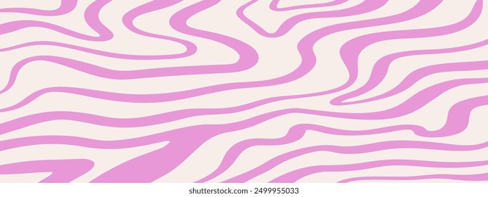 Groovy Waves Background. Psychedelic Abstract Wavy Curves Vector Pattern in 1970s Hippie Retro Style for Print on Textile, Wrapping Paper, Web Design and Social Media. Lilac color