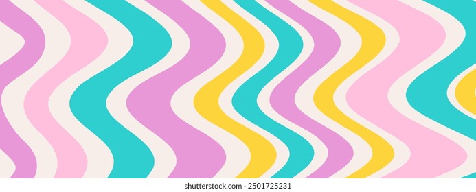 Groovy Waves Background. Psychedelic Abstract Wavy Curves Vector Pattern in 1970s Hippie Retro Style for Print on Textile, Wrapping Paper, Web Design, and Social Media. Lilac, green and yellow colors