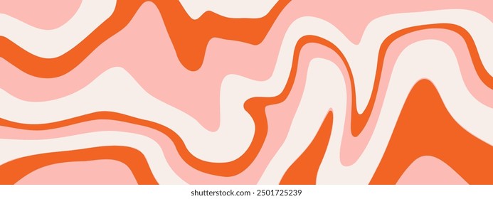 Groovy Waves Background. Psychedelic Abstract Wavy Curves Vector Pattern in 1970s Hippie Retro Style for Print on Textile, Wrapping Paper, Web Design and Social Media. Red and orange colors
