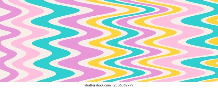 Groovy Waves Background. Psychedelic Abstract Wavy Curves Vector Pattern in 1970s Hippie Retro Style for Print on Textile, Wrapping Paper, Web Design and Social Media. Lilac color