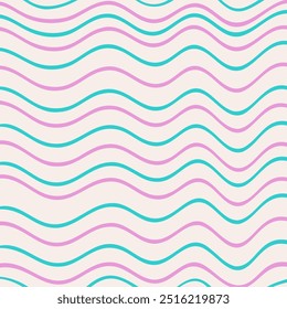 Groovy Waves Background. Psychedelic Abstract Wavy Curves Vector Pattern in 1970s Hippie Retro Style for Print on Textile, Wrapping Paper, Web Design, and Social Media. Lilac and green colors