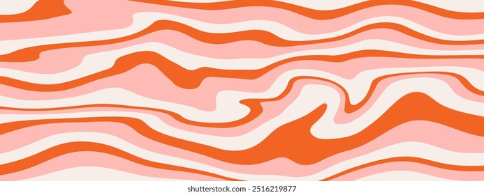 Plano de Fundo das Ondas do Groovy. Padrão de vetor de curvas onduladas abstratas psicodélicas em estilo retro hippie dos anos 70 para impressão em têxteis, papel de embrulho, web design e mídias sociais. Cores vermelha e laranja