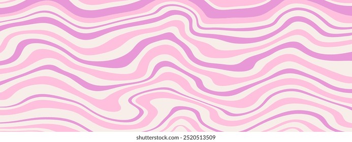 Groovy Waves Background. Psychedelic Abstract Wavy Curves Vector Pattern in 1970s Hippie Retro Style for Print on Textile, Wrapping Paper, Web Design, and Social Media. Lilac color