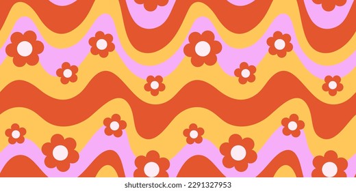 Ondas gruesas y flores de margarita fondo horizontal. Psicodelic Abstract Curves Vector Patrón Seamless en los años 70 Estilo Hippie Retro para Impresión en Textiles, Papel de ajuste, Diseño Web y Medios Sociales.