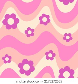 Groovy Waves and Daisy Flowers Seamless Pattern. Psychedelic Curved Vector Background in 1970s Hippie Retro Style for Print on Textile, Wrapping Paper, Web Design and Social Media. Pink Beige Colors.