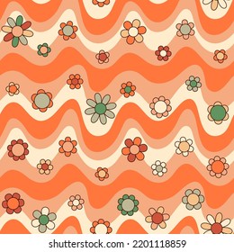 Groovy Waves and Daisy Flowers Seamless Pattern. Psychedelic Curved Vector Background in 1970s Hippie Retro Style for Print on Textile, Paper, Web Design and Social Media. Orange, Green Colors.