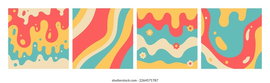 Groovy Waves Psychedelic Curved Vector Backgrounds set. Trendy Y2k Backdrop Textute. Funky Retro Wallpaper. Hand drawn linear vector illustration. Hippie Retro Style for Web Design and Social Media.