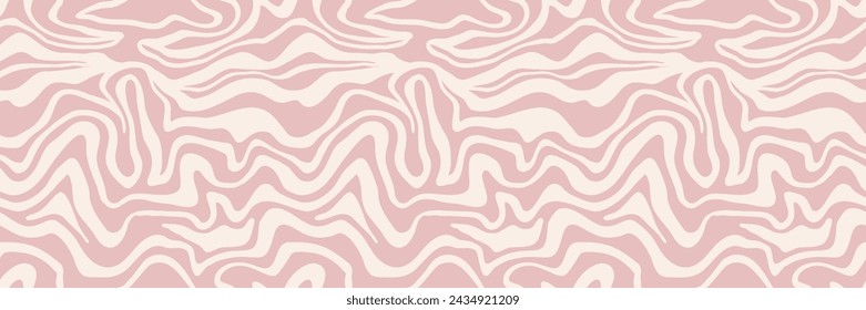 Groovy Waves Seamless Pattern. Psychedelic Curved Vector Background in 1970s Hippie Retro Style for Print on Textile, Wrapping Paper, Web Design and Social Media. Pink and Red Colors.