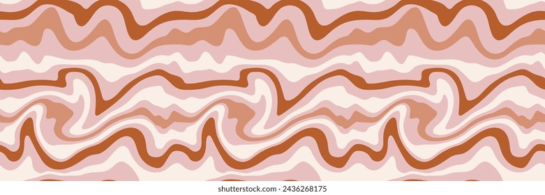Groovy Waves Seamless Pattern. Psychedelic Curved Vector Background in 1970s Hippie Retro Style for Print on Textile, Wrapping Paper, Web Design and Social Media. Pink and Red Colors.