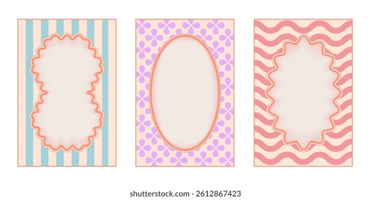 Groovy wavy borders frames collection - striped geometric oval shapes filled with patterns in pastel colors. Retro funky elements set with curved edges. 1960s psychedelic hippie ornamental graphics.