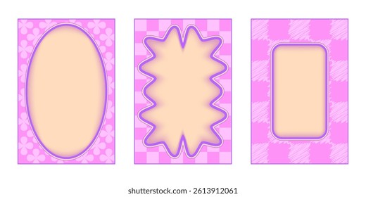 Groovy wavy borders frames set - oval, starburst and rectangle shapes filled with pattern pink background. Psychedelic funky curvy outlines collection. Retro 1960s hippie style graphic design element