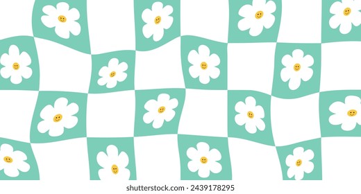 Groovy Wavy Checkerboard Pattern Cuadrado grande con flor linda en malla verde. Fondo de cuadrícula, estilo retro psicodélico