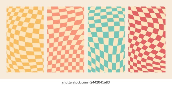Groovy wavy checkerboard pattern vertical background set	