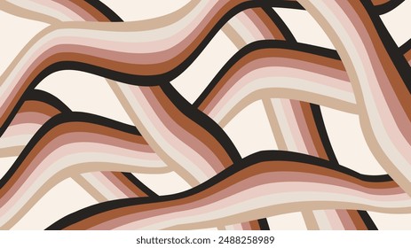 Groovy gewellte Streifen Muster auf beigem Hintergrund. Abstraktes Vintage-Kunstdesign im 60er-70er-Jahre-Stil