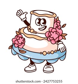 Groovy wedding cake cartoon character greeting with hand up and smile. Funny retro dessert with layers of cream waving, wedding celebration mascot, cartoon sticker of 70s 80s style vector illustration