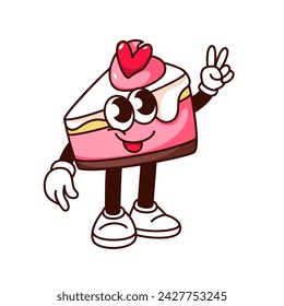 Groovy wedding cake piece cartoon character with V fingers. Funny retro cheesecake slice with peace and love hippie gesture, dessert mascot, cartoon cake sticker of 70s 80s style vector illustration